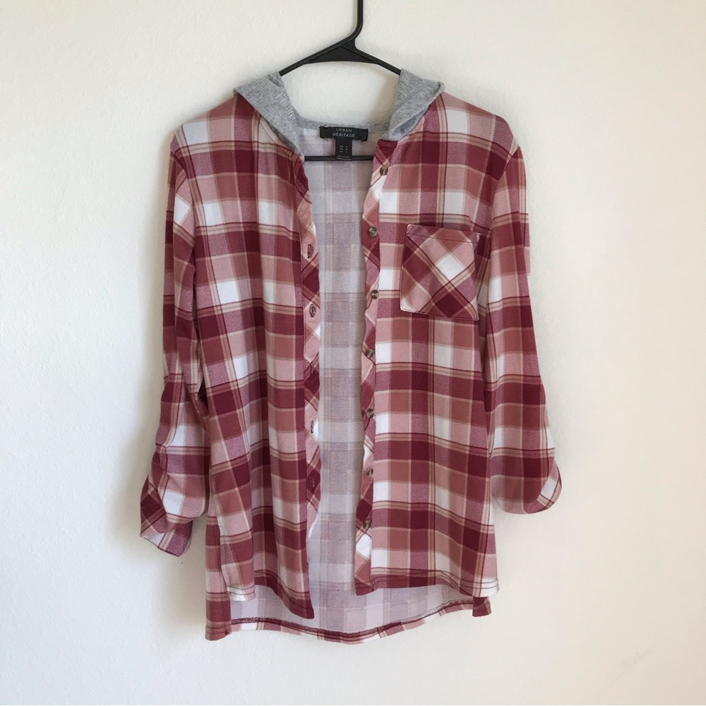 Urban Heritage Red Plaid Button Down Hoodie size Small